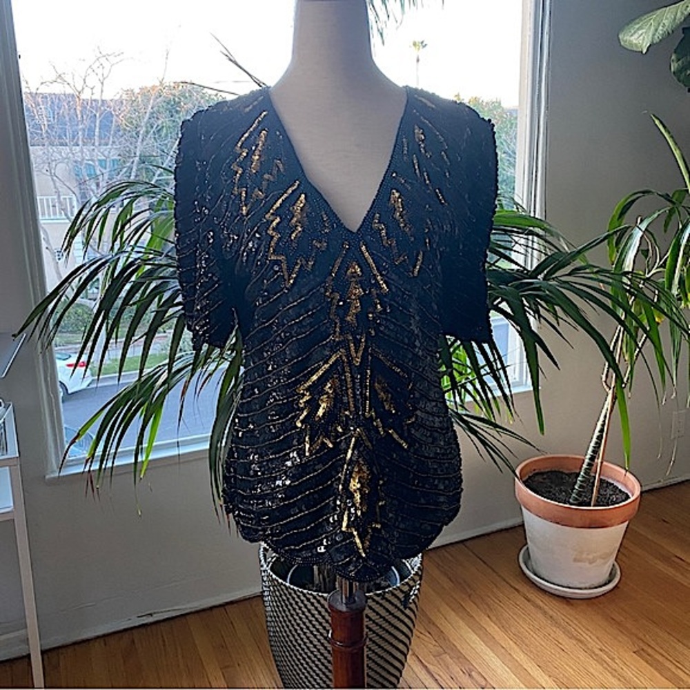 Vintage Stenay Black Gold Sequin Sparkly Top | Size S